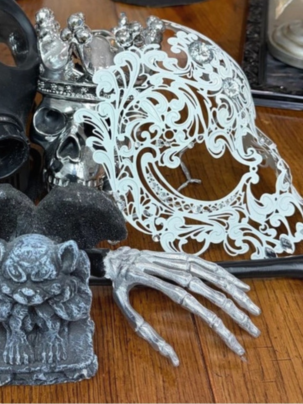 Halloween Gothic Decor Bundle Silver Skull Gargoyle Mask Skeleton Hands Servers